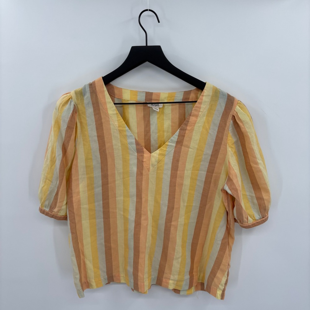 ANA Womens Retro Puff Sleeve Blouse Medium Orange Yellow‎ Striped Cotton V-Neck